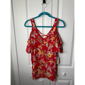 Flower & Feather Cold Shoulder Top 2X Red Floral